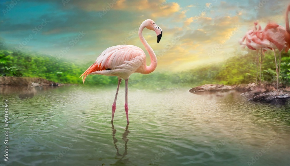 Fototapeta premium Flamingo Stand in The Water With Beautiful background Nature 4K Wallpaper