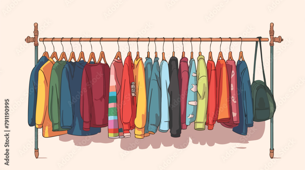 Colored clothes or apparel hanging on hangers on ga