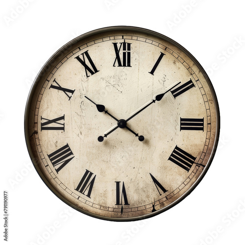 Isolated vintage wall clock with Roman numerals, timeless piece for historical and interior design concepts