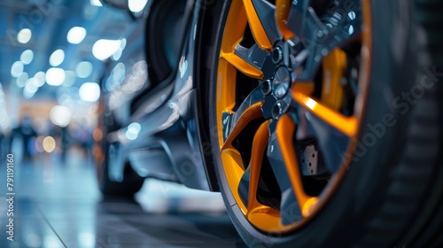 Closeup of the regenerative braking system in an electric car showcasing the innovative technology that recycles energy and reduces brake wear. .