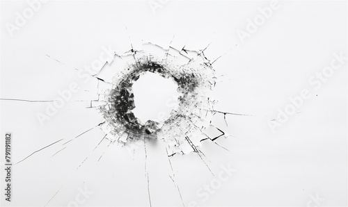 bullet hole in the glass creating cracks with a white background