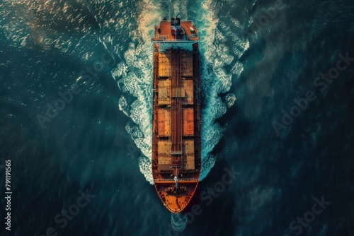 Aerial perspective of a cargo ship leaving port, setting sail on a new journey.