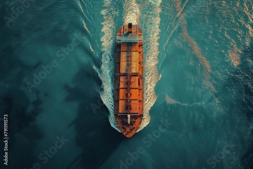 Aerial perspective of a cargo ship leaving port, setting sail on a new journey.