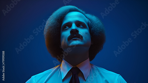 Eccentric and quirky office worker - dramatic pose - idiosyncratic um or - blue background  photo