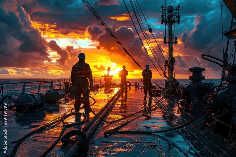 Crew members conducting routine maintenance on the deck of a cargo ship during sunset. - obrazy, fototapety, plakaty 