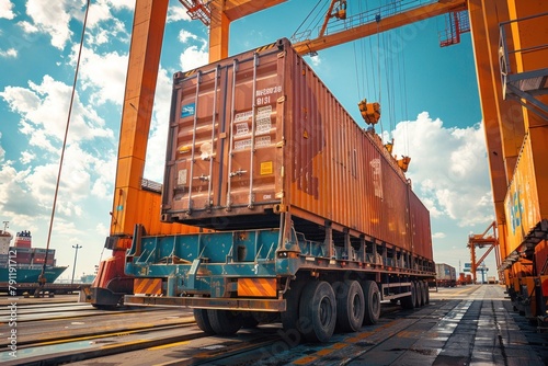 Close-up of a shipping container being loaded onto a truck for transportation to its destination.