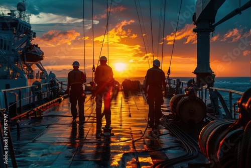 Crew members conducting routine maintenance on the deck of a cargo ship during sunset.
