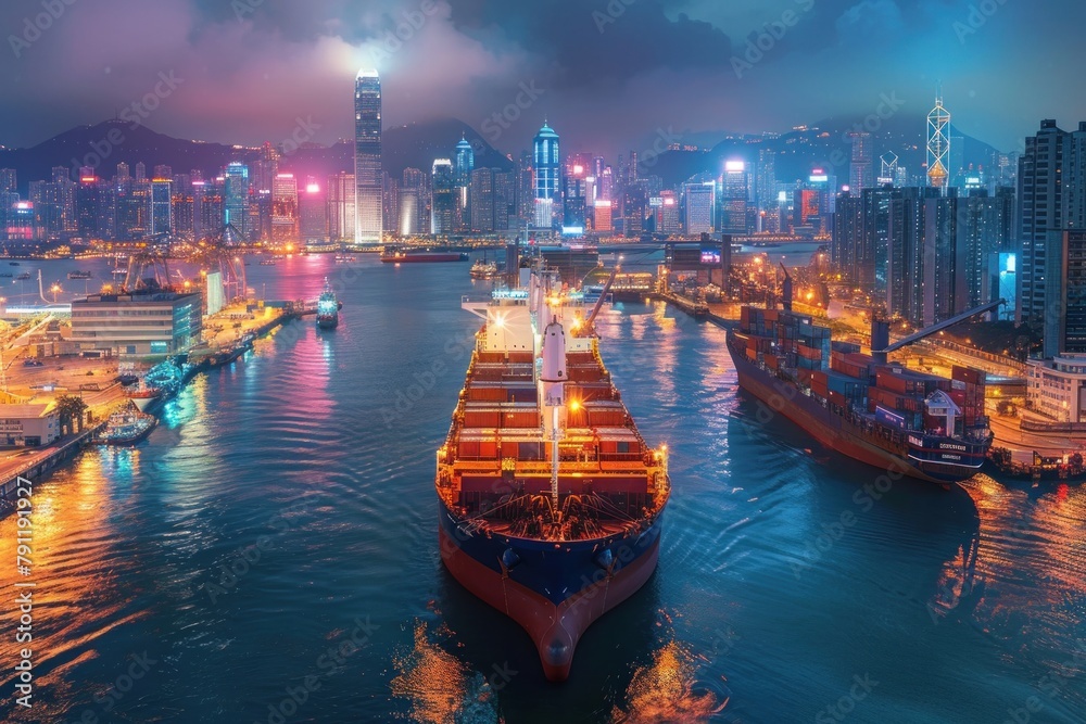 Obraz premium Panoramic shot of a cargo ship docked at a bustling harbor surrounded by city lights.