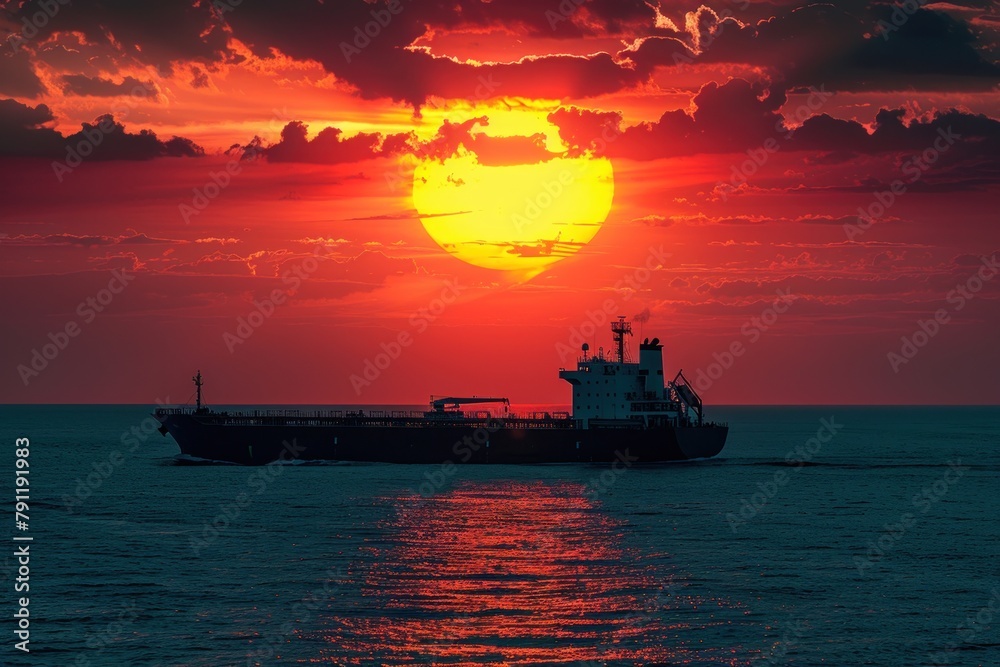 Silhouette of a cargo ship against a stunning sunset sky on the horizon.