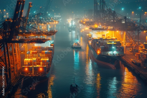 Nighttime at the port with illuminated cargo ships lined up for loading and unloading operations. photo