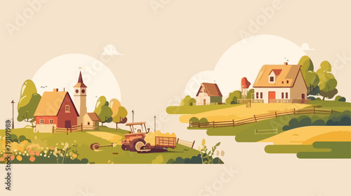 Colored logotype with small village ranch or organi