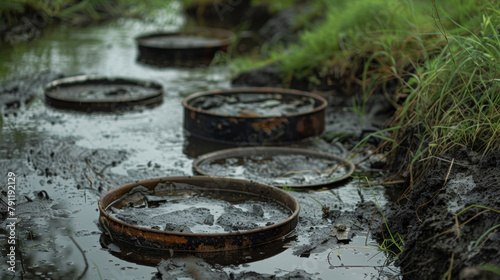The onceglistening waters of a river have turned murky its banks now littered with the remnants of greed blackened pans and rotting barrels evidence of failed attempts . photo