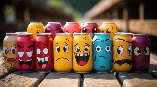 Colorful Cartoon-Face Cans on Wooden Surface © VGV