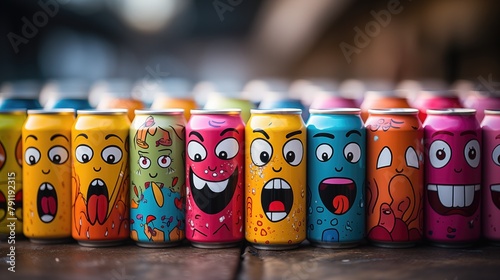 Colorful Cartoon Faces on Soda Cans
