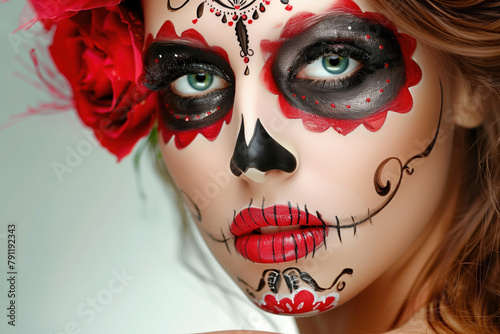 Photo of a Beautiful Woman Celebrating The Dia De Los Muertos, Generative AI