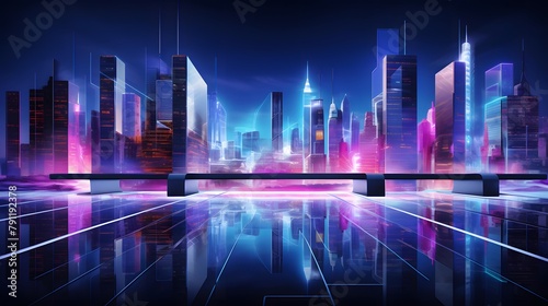 Night city panorama with neon lights and skyscrapers. Vector illustration