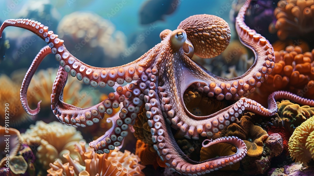 Obraz premium A curious octopus exploring a coral reef, its tentacles reaching out to touch and interact with the vibrant ecosystem that surrounds it.