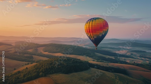 A colorful hot air balloon soaring over picturesque countryside, capturing the magic of a sunrise balloon ride.