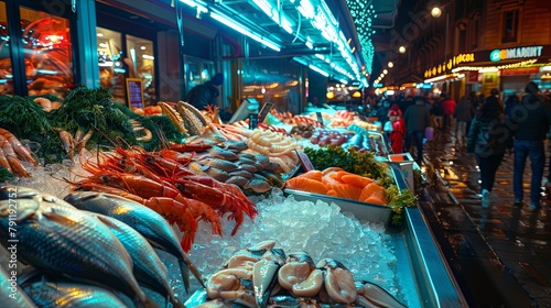 A colorful seafood market bustling with activity, showcasing an array of freshly caught fish, shellfish, and crustaceans on ice. photo