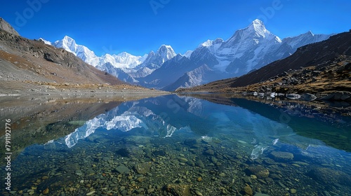 A crystal-clear lake reflecting towering snow-capped mountains, illustrating the harmony between water and mountains in pristine landscapes.