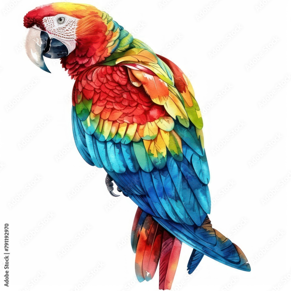 Obraz premium A watercolor painting of a parrot with vibrant red, yellow, green, and blue feathers.