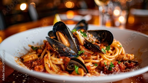 A gourmet seafood pasta dish, adorned with plump mussels, tender calamari, and rich marinara sauce, served in an elegant restaurant setting.