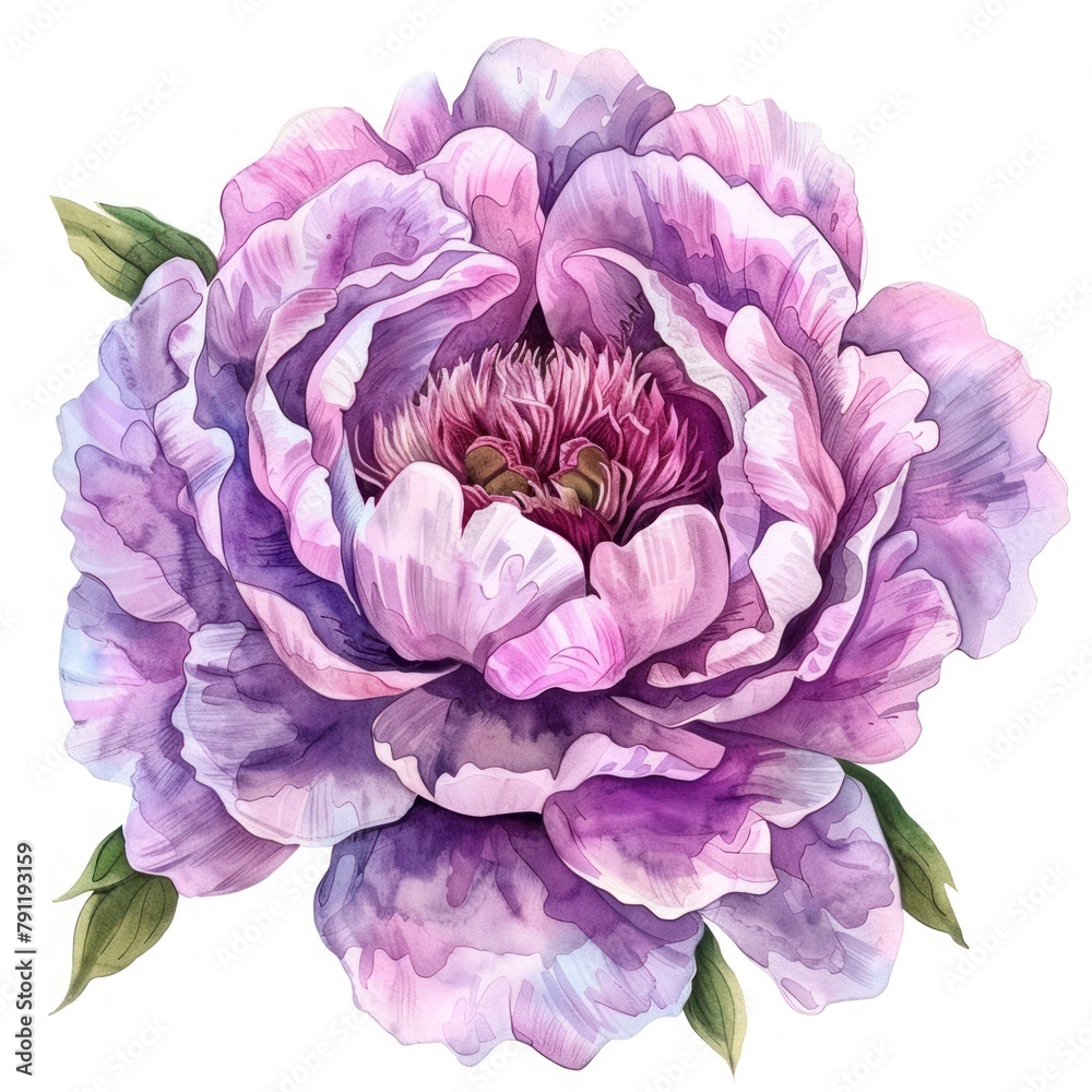 A watercolor painting of a purple peony in full bloom against a white background. A watercolor painting of a purple peony in full bloom against a white background.