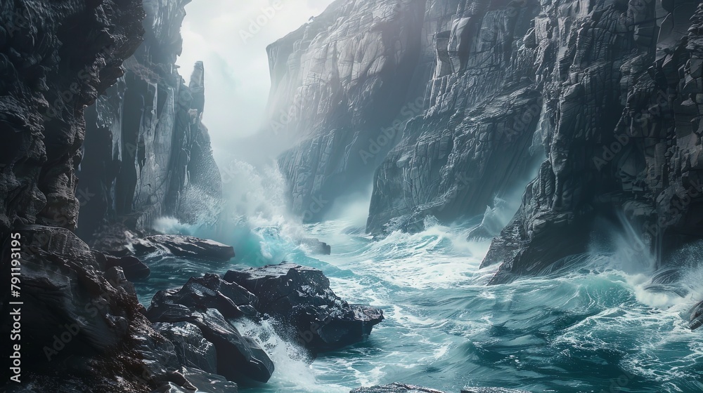 A panoramic view of a rugged coastline, with towering cliffs and crashing waves creating a dramatic and awe-inspiring seascape. - obrazy, fototapety, plakaty 