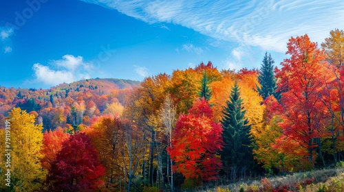 A panoramic view of a colorful autumn landscape  with trees ablaze in hues of red  orange  and gold against a clear blue sky.