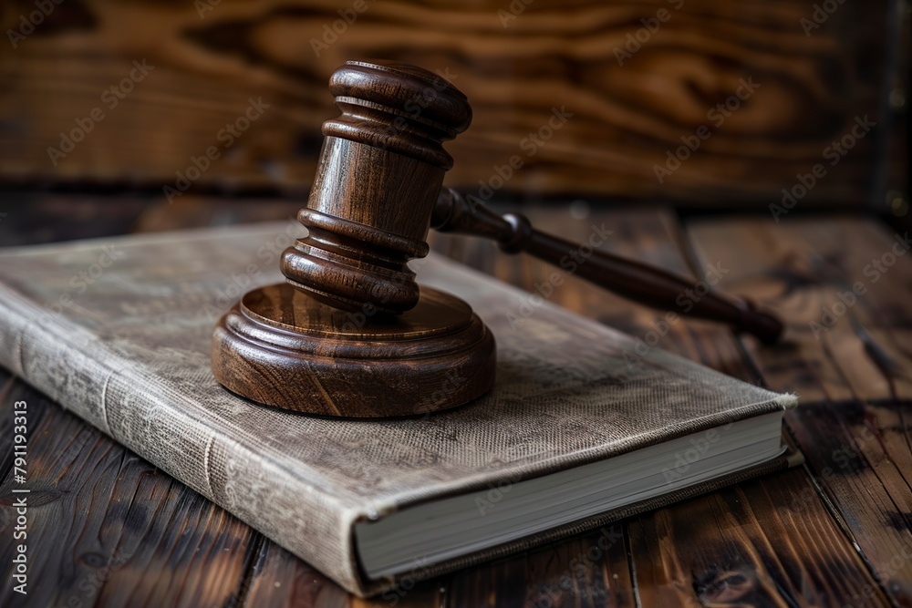 A judge's gavel, a symbol of judicial authority, rests on a wooden table in the courtroom, with a legal book. Gavel on an emblem of the judiciary ready for use.