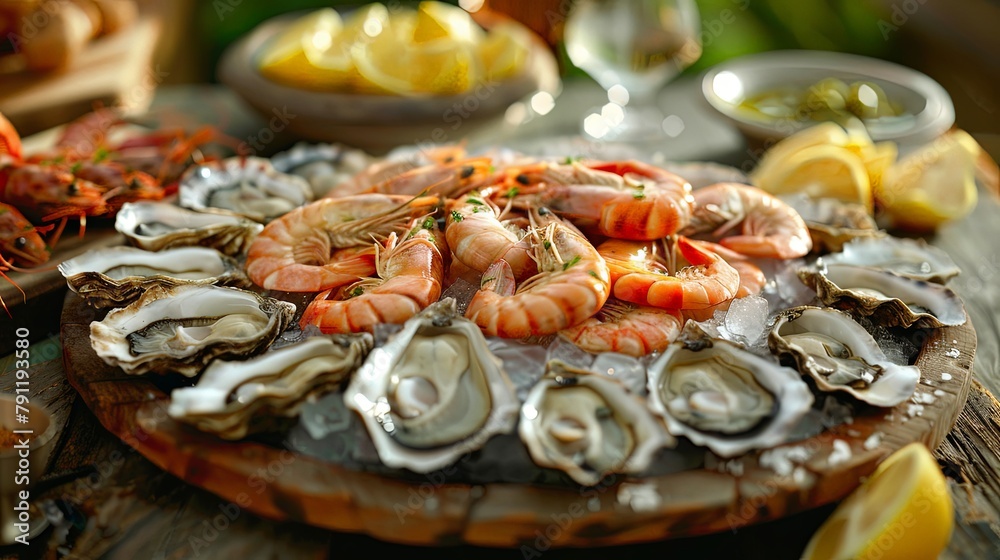 A rustic seaside picnic spread, featuring a bounty of oysters, clams, and shrimp cocktail served on a wooden platter with lemon wedges. A rustic seaside picnic spread, featuring a bounty of oysters, clams, and shrimp cocktail served on a wooden platter with lemon wedges.