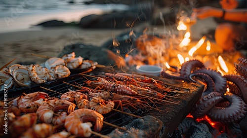 A seafood barbecue feast on the beach, with grilled prawns, scallops, and octopus skewers cooking over an open flame, surrounded by friends and family.