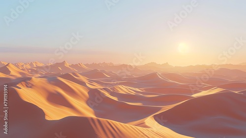 A serene desert landscape with sand dunes stretching to the horizon, bathed in golden light under a cloudless sky.
