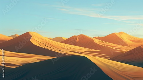 A serene desert landscape with sand dunes stretching to the horizon, bathed in golden light under a cloudless sky.