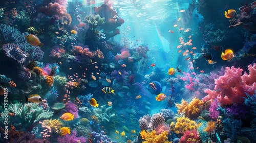 A vibrant coral reef teeming with marine life, highlighting the breathtaking biodiversity of underwater ecosystems.