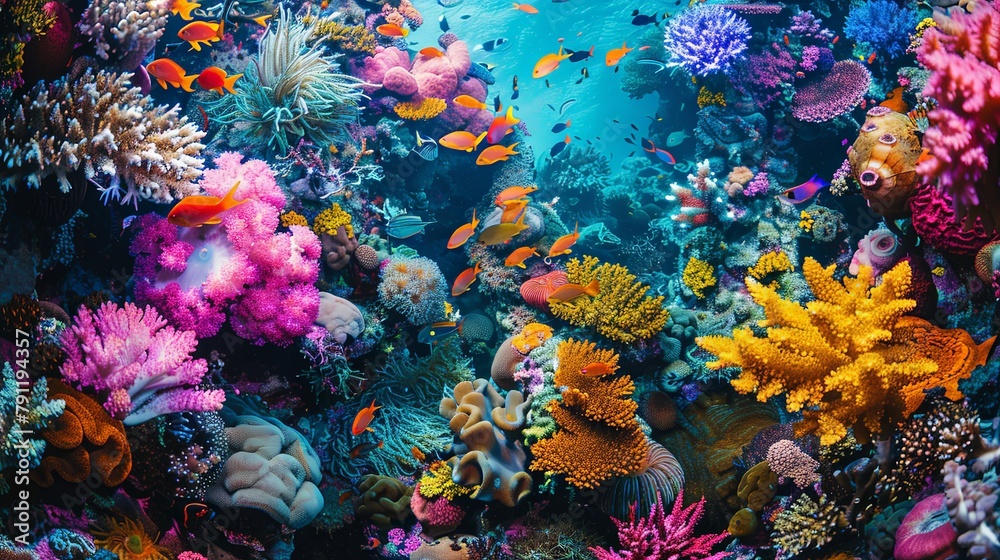 Close-up of a colorful coral reef teeming with marine life, showcasing the vibrant biodiversity of underwater ecosystems in tropical seas.