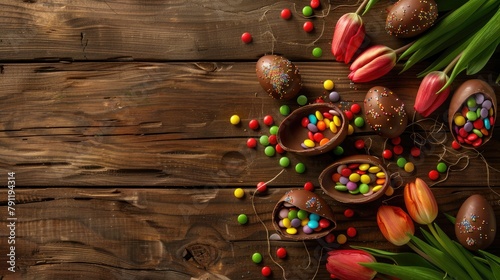 Festive Easter arrangement Overhead view of broken chocolate eggs filled with colorful candies alongside tulips on a wooden table with room for notes