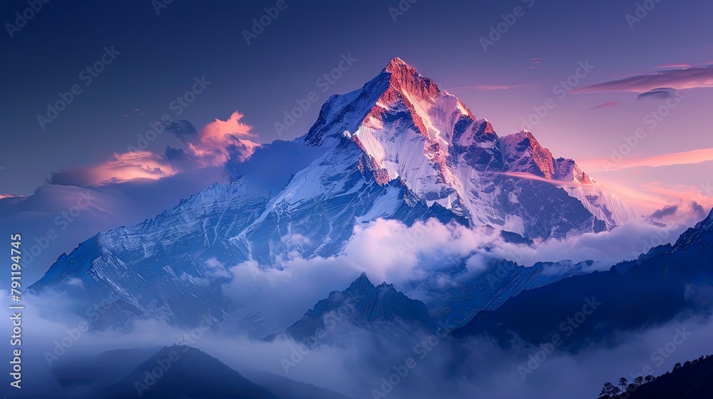 Close-up of a snow-covered mountain peak illuminated by the soft light of dawn, with misty valleys and forests below.