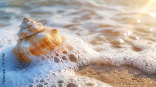 Close-up of a seashell washed up on the shore, glistening in the sunlight against the backdrop of sand and sea foam. © chanidapa