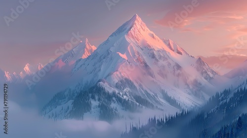 Close-up of a snow-covered mountain peak illuminated by the soft light of dawn, with misty valleys and forests below. photo
