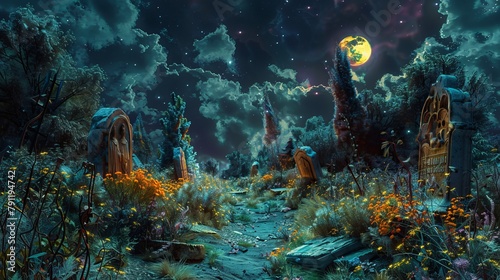 Graveyard at night, Tombstones glowing under the moonlight, creating an enchanted atmosphere