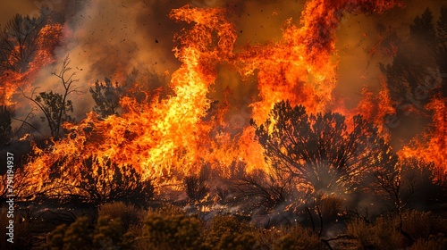 Close-up of a wildfire spreading rapidly through dry underbrush  fueled by high winds and dry conditions  posing a threat to the surrounding ecosystem.