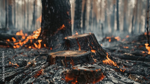 Close-up of charred tree trunks surrounded by smoldering embers, highlighting the aftermath of a forest fire and the destruction it leaves behind.