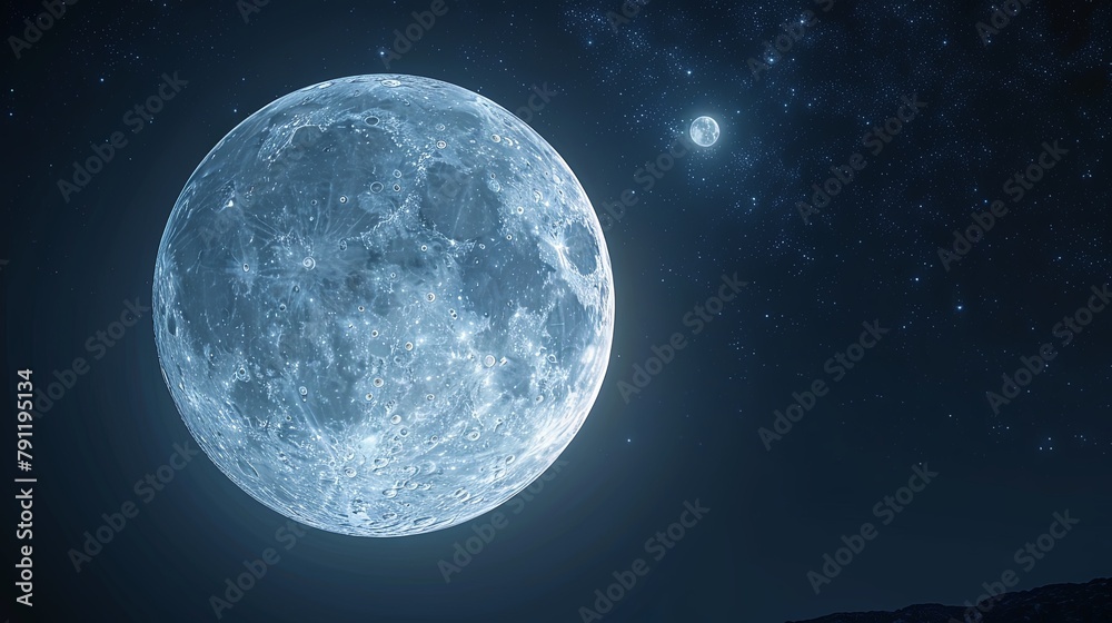 Close-up of the full moon shining brightly in a cloudless night sky,