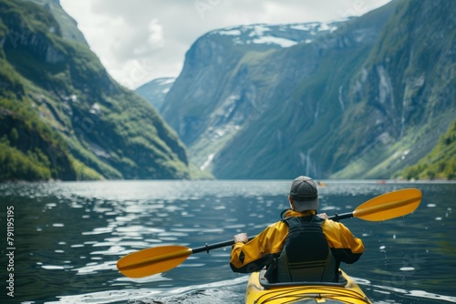 Man in Kayak Paddling through Water in a Scenic Fjord with Mountains © Karl