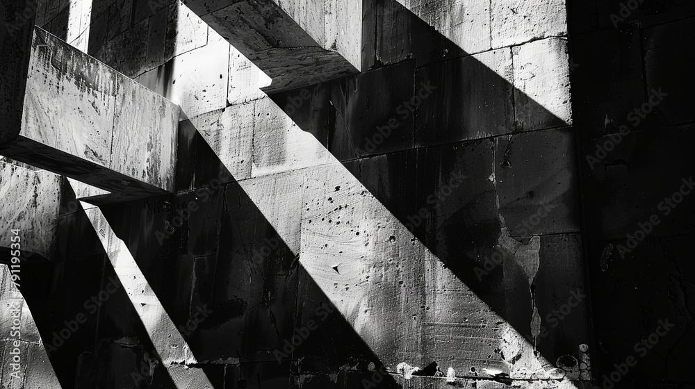 Fototapeta premium Shadows of architectural elements falling on a textured wall, forming intriguing shapes and patterns in an urban environment.