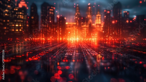 Futuristic Cityscape with Glowing Red Lights