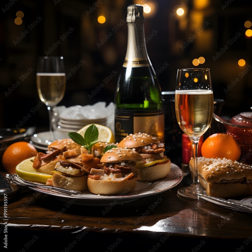 Restaurant table with snacks and bottles of champagne, close up