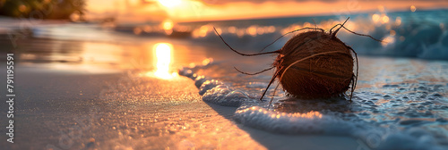 Coconut on the beach at sunset, a beautiful and serene tropical scene for vacation and relaxation.