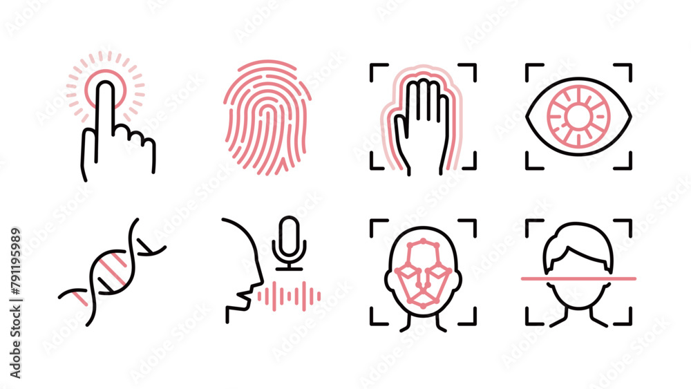 Icon set for biometric authentication, fingerprint, palm vein, iris ...